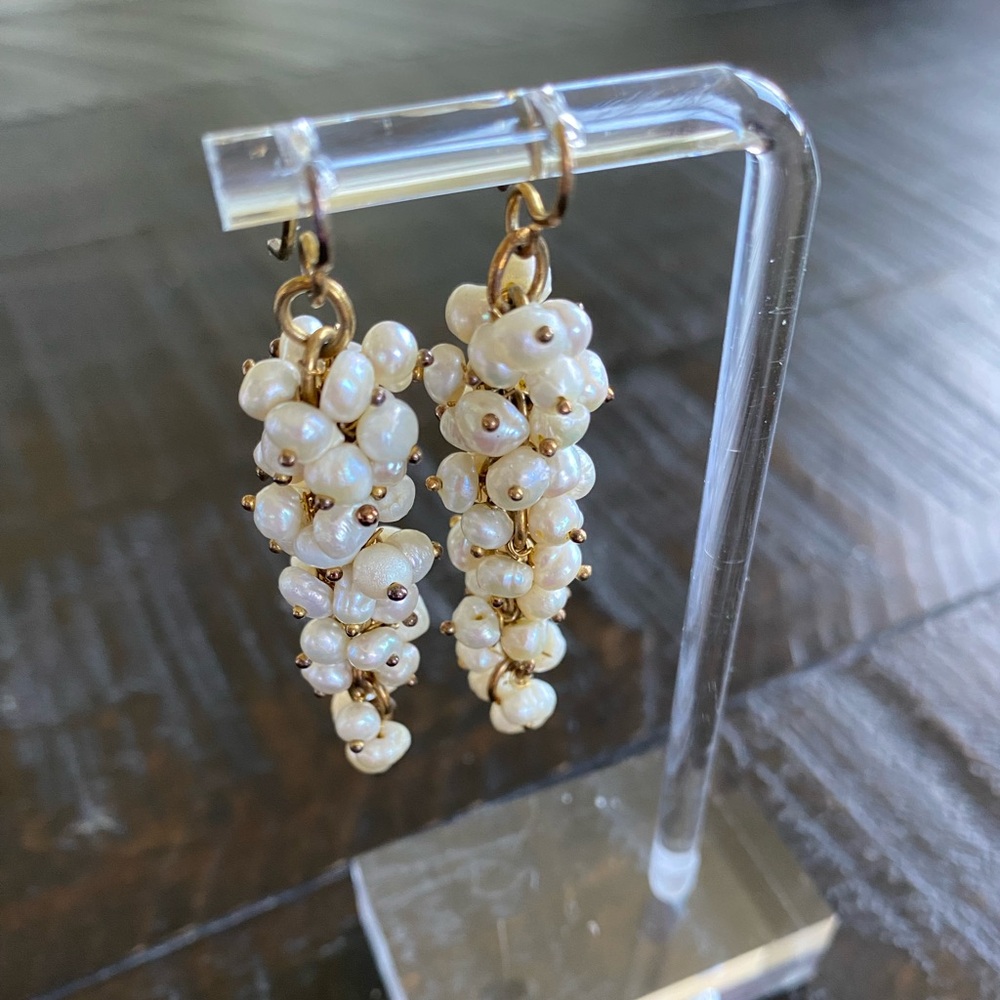Pearl Cluster Drop Earrings - White Pearls